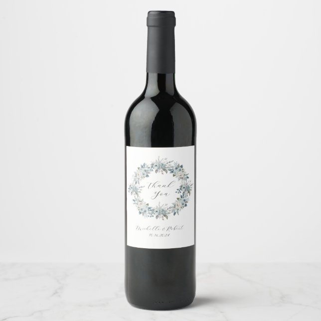 Étiquette Pour Bouteilles De Vin Mariage Floral Bleu Faveur (Devant)