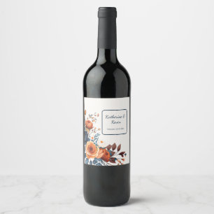 Étiquette Pour Bouteilles De Vin Mariage floral bleu marine brûlé orange