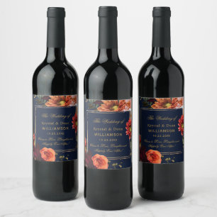 Étiquette Pour Bouteilles De Vin Mariage Floral Bordeaux Orange Navy Foncé