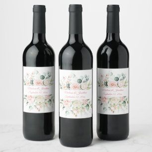 Étiquette Pour Bouteilles De Vin Mariage Floral Elegant Rose Chic Date Nom du scrip