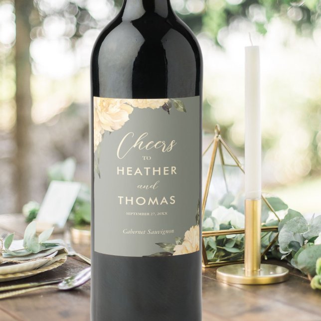 Étiquette Pour Bouteilles De Vin Mariage Floral Jaune Vert Sage moderne (Créateur téléchargé)