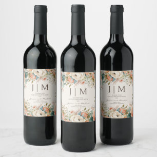 Étiquette Pour Bouteilles De Vin Mariage Floral Monogramme Crème Pêche