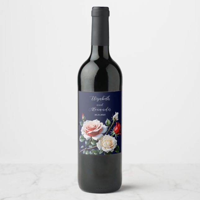 Étiquette Pour Bouteilles De Vin Mariage floral rose rose foncé (Devant)