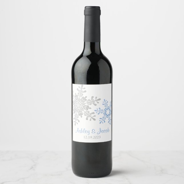 Étiquette Pour Bouteilles De Vin Mariage Lapis Blue Silver Snowflake (Devant)