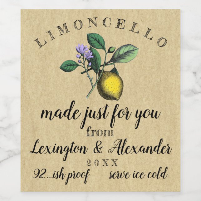 Étiquette Pour Bouteilles De Vin Mariage Limoncello Vintage citron Illustration | (Étiquettes simples)