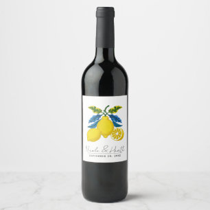 Étiquette Pour Bouteilles De Vin Mariage méditerranéen à l'aquarelle jaune bleu cit