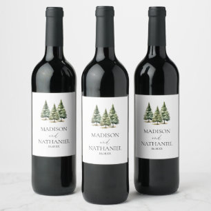 Étiquette Pour Bouteilles De Vin Mariage minimaliste de la forêt de pins neigeux d'