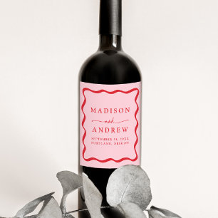 Étiquette Pour Bouteilles De Vin Mariage Moderne Cadre Ondulé Rose et Rouge