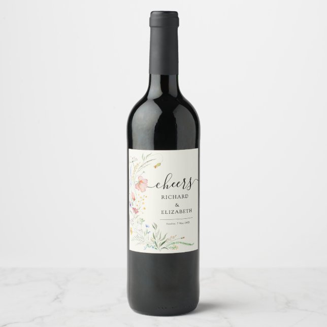 Étiquette Pour Bouteilles De Vin Mariage moderne Fleur sauvage minimal élégant (Devant)