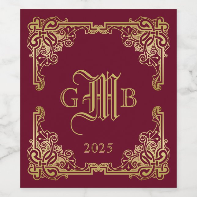 Étiquette Pour Bouteilles De Vin Mariage Monogram Classic Gold Frame Bourgogne (Étiquettes simples)
