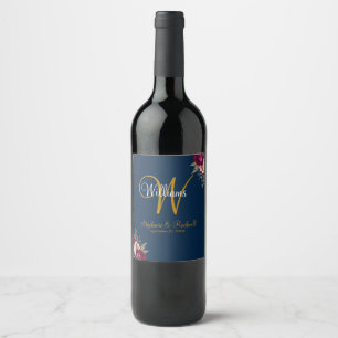 Étiquette Pour Bouteilles De Vin Mariage Monogramme bleu de la marine de Bourgogne