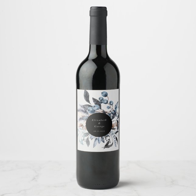 Étiquette Pour Bouteilles De Vin mariage monogramme floral d'hiver bleu glacé (Devant)