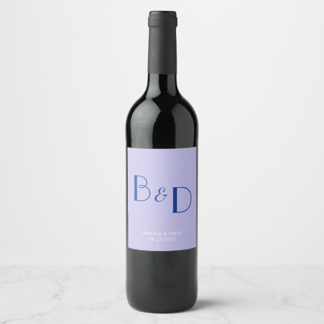 Étiquette Pour Bouteilles De Vin Mariage Monogramme moderne Lavande Bleue (Devant)