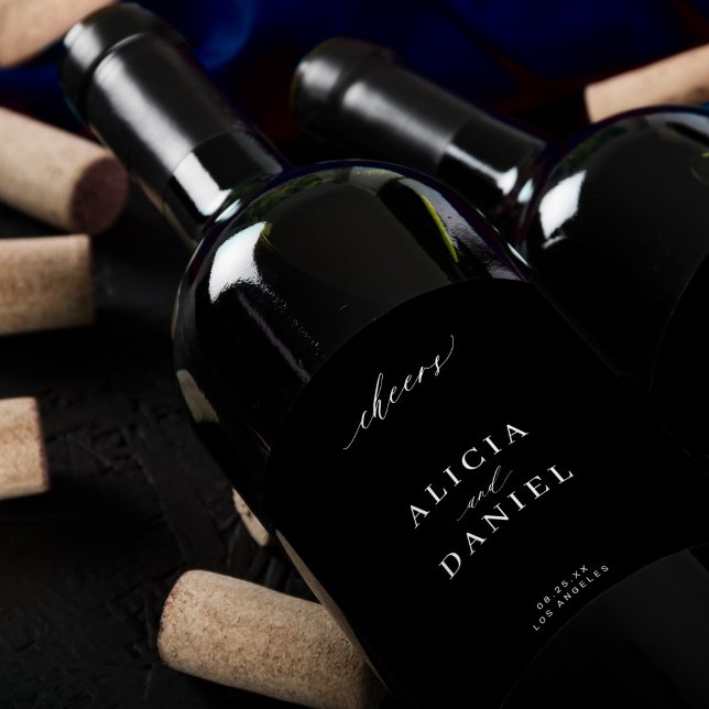 Étiquette Pour Bouteilles De Vin Mariage noir minimaliste simple et élégant (Créateur téléchargé)