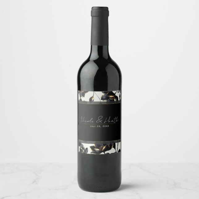 Étiquette Pour Bouteilles De Vin Mariage noir & or Floral Greige (Devant)