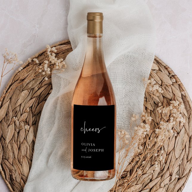 Étiquette Pour Bouteilles De Vin Mariage noir simple et moderne (A modern and minimalist, black wine label for your wedding)