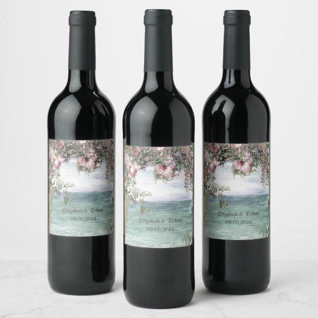 Étiquette Pour Bouteilles De Vin Mariage Océan Fleurs Chic (Bouteilles)