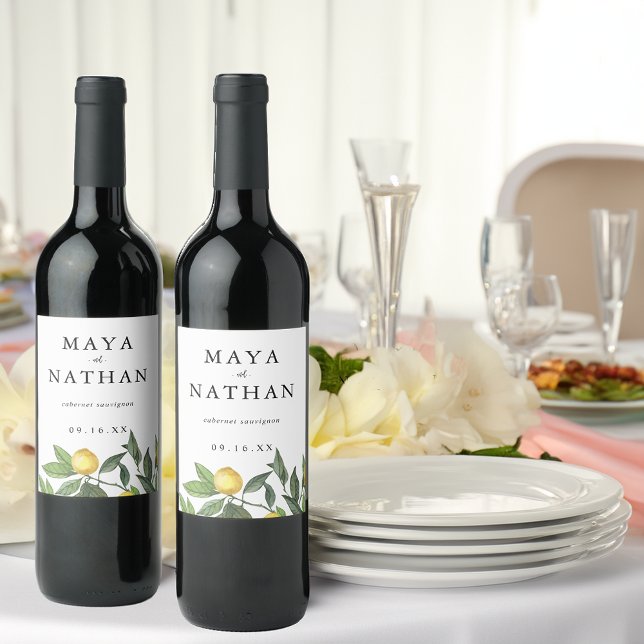 Étiquette Pour Bouteilles De Vin Mariage personnalisé de verdure de citron d'été (Summer Lemon Greenery Personalized Wedding Wine Label)