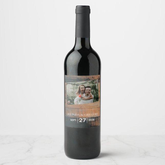 Étiquette Pour Bouteilles De Vin Mariage photo rustique en bois (Devant)