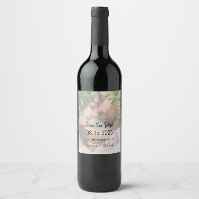 Étiquette Pour Bouteilles De Vin Mariage photo verdoyante Enregistrer la date Étiqu (Devant)
