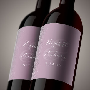 Étiquette Pour Bouteilles De Vin Mariage Poussiéreux Lilas Élégant Paillettes Argen