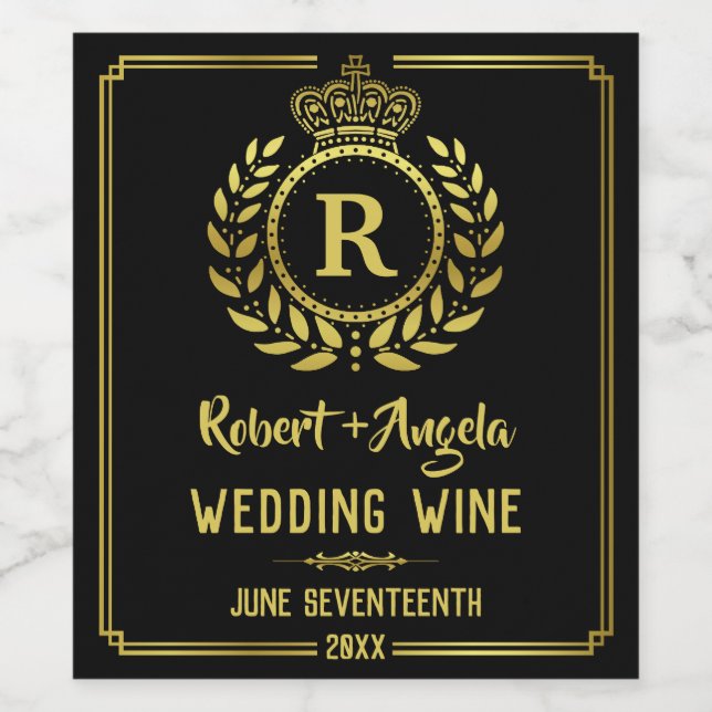 Étiquette Pour Bouteilles De Vin Mariage Royal Crown Laurel Wreath Gold Black (Étiquettes simples)