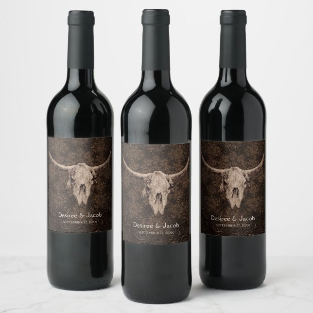 Étiquette Pour Bouteilles De Vin Mariage rustique élégant Brown Western Bull Skull (Bouteilles)