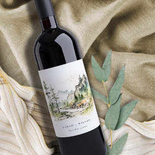 Étiquette Pour Bouteilles De Vin Mariage Sketch Paysage de montagne de Soft Woods