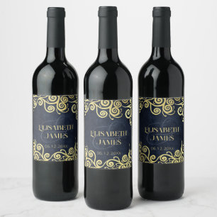 Étiquette Pour Bouteilles De Vin Mariage Sophistiqué Blue Gold Swirls