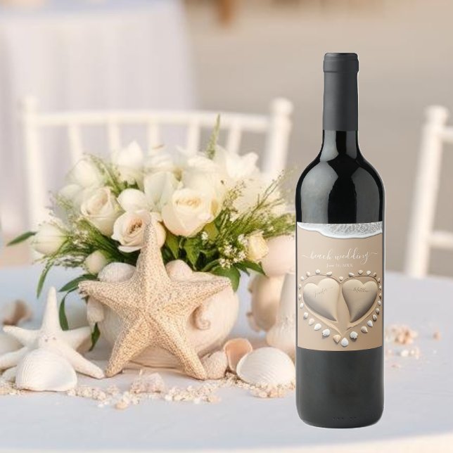 Étiquette Pour Bouteilles De Vin Mariage sur la Plage Cœurs de Sable (Beach Wedding Sand Hearts Wine Label)