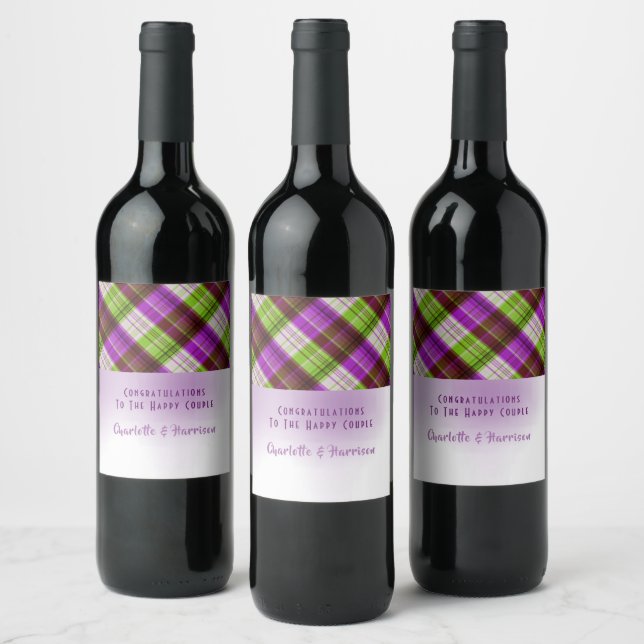 Étiquette Pour Bouteilles De Vin Mariage Tartan vert violet (Bouteilles)