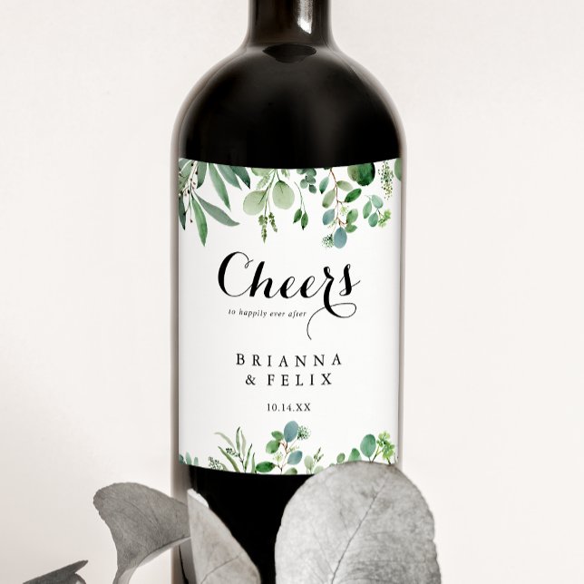 Étiquette Pour Bouteilles De Vin Mariage vert Eucalyptus Botanical Cheers (Créateur téléchargé)