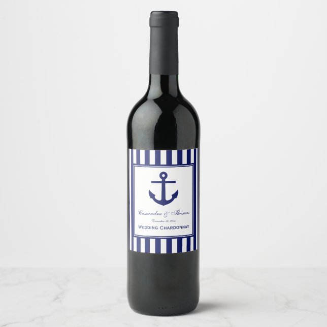 Étiquette Pour Bouteilles De Vin Marine Ancre Bleu cadre 2, bande blanche do-it-you (Devant)