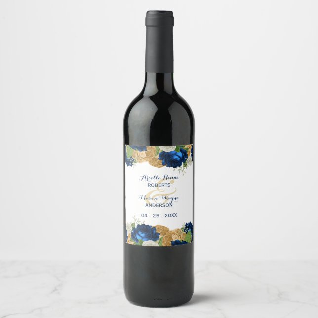 Étiquette Pour Bouteilles De Vin Marine Bleu Roses Boho Gold (Devant)