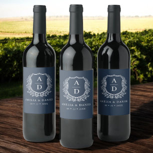 Étiquette Pour Bouteilles De Vin Marine Blue Crest Moderne Monogramme Mariage