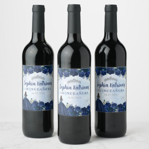 Étiquette Pour Bouteilles De Vin Marine Blue Floral Princess Quinceanera Anniversai