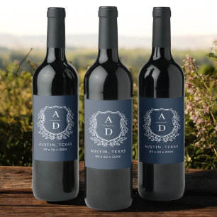 Étiquette Pour Bouteilles De Vin Marine Blue Monogram Mariage Floral Crest