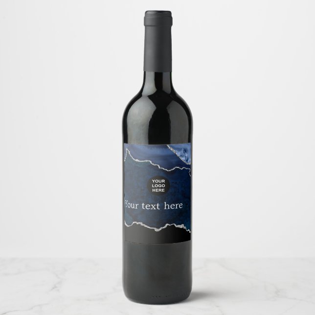 Étiquette Pour Bouteilles De Vin Marine et Argent Agate pierre précieuse (Devant)