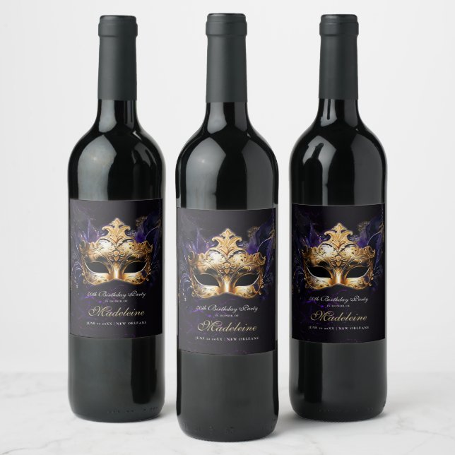 Étiquette Pour Bouteilles De Vin Masquerade Mask Gold Purple Dramatic 50th Birthday (Bouteilles)