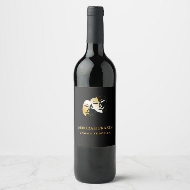 Étiquette Pour Bouteilles De Vin Masques de théâtre silhouette noir (Devant)