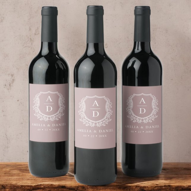 Étiquette Pour Bouteilles De Vin Mauve Botanique Crest Moderne Monogramme Mariage (Créateur téléchargé)
