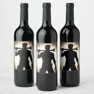 Étiquette Pour Bouteilles De Vin Mécanicien Silhouette Clé à Main sur l'Épaule