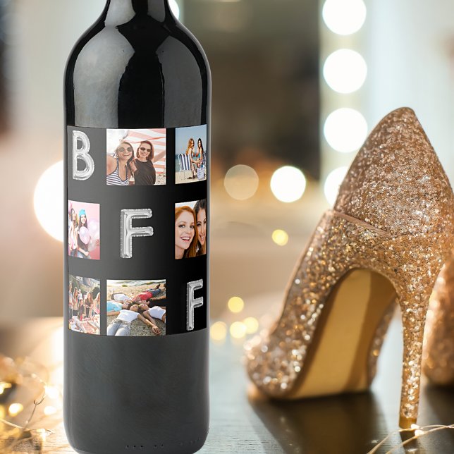 Étiquette Pour Bouteilles De Vin Meilleures amies collage photo noir argent BFF (Créateur téléchargé)