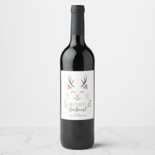 Étiquette Pour Bouteilles De Vin Meowy Christmas Cat avec Antlers Xmas