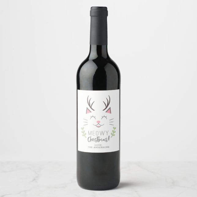 Étiquette Pour Bouteilles De Vin Meowy Christmas Chat avec Antlers Xmas (Devant)
