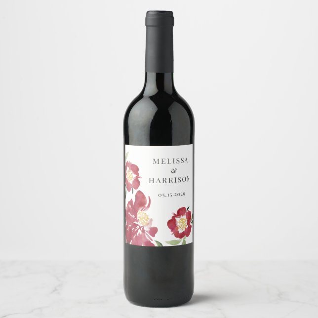 Étiquette Pour Bouteilles De Vin Merci de Mariage de pivoine rouge (Devant)