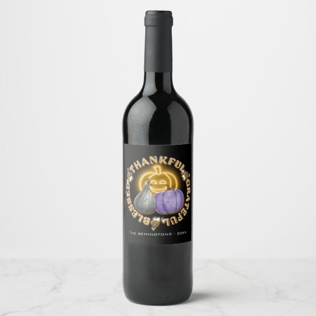 Étiquette Pour Bouteilles De Vin Merci Grateful Citrouille Neon (Devant)