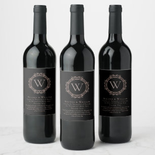 Étiquette Pour Bouteilles De Vin Merci Monogramme Mariage Noir Cuivre Blush