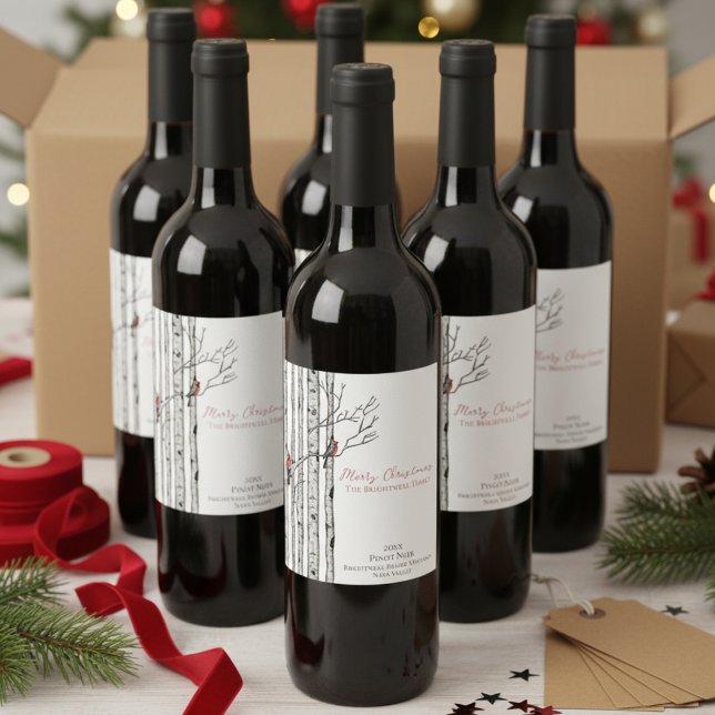 Étiquette Pour Bouteilles De Vin Merry Christmas Birch Trees & Cardinal Birds White (Simple White Rustic Cardinal Bird in Birch Tree Forest Festive  Merry Christmas Wine Label Xmas Gift)