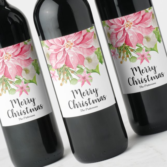 Étiquette Pour Bouteilles De Vin Merry Christmas Floral Poinsettia (Créateur téléchargé)
